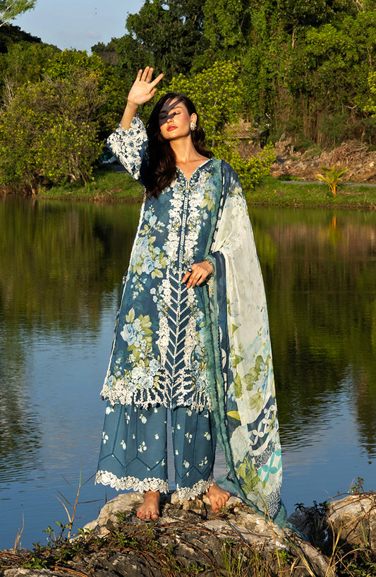 Elaf Signature Embroidered Lawn Unstitched 3 Piece Suit - ESA-7B Sea Enchantress - EL26EM - Teal - Luxury Collection
