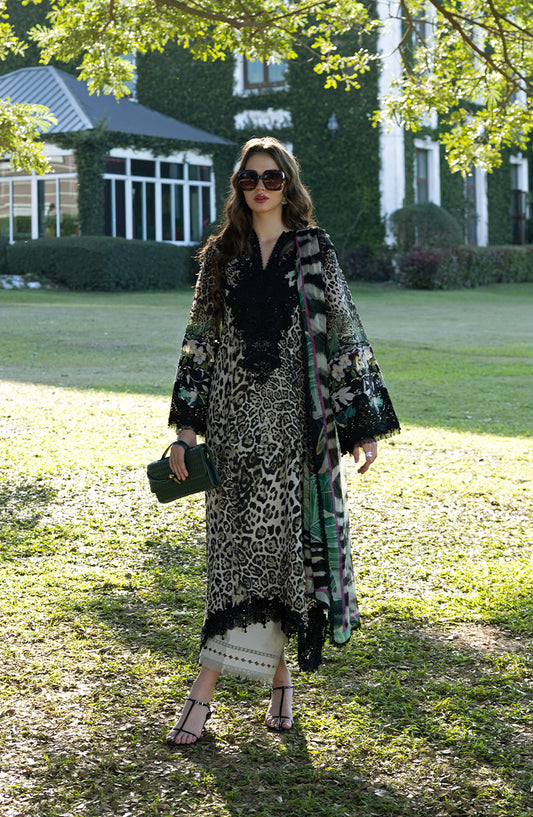 Elaf Signature Embroidered Lawn Unstitched 3 Piece Suit - ESA-3A Belladurne - EL26EM - Black - Luxury Collection