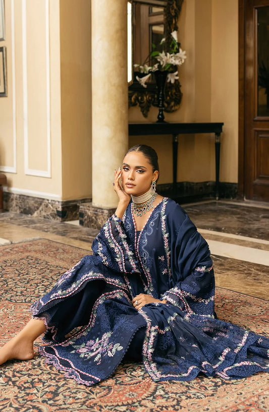 Elaf Luxury Embroidered Karandi Unstitched 3 Piece Suit - EWK-6B AMBER HAZE - EL25WNL - Blue - Winter Collection