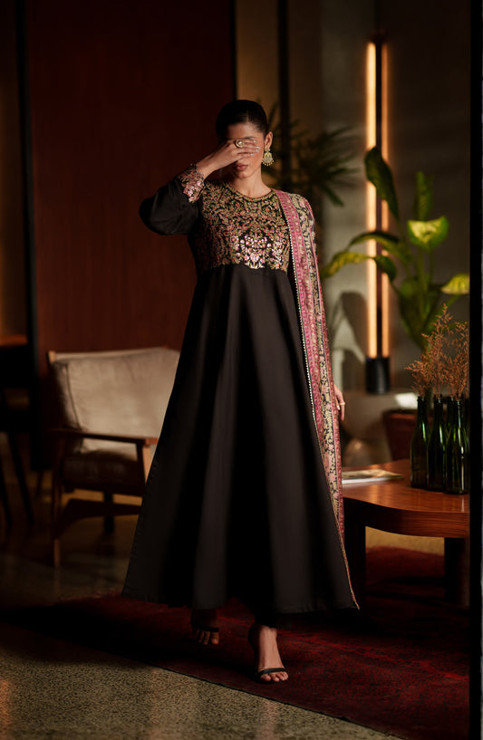 Elara by Casual Lite Embroidered Viscose Silk Stitched 3 Piece Suit - D-01 - CL26EL - Black - Festive Collection