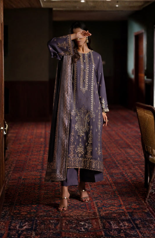 Elara by Casual Lite Embroidered Viscose Silk Stitched 3 Piece Suit - Noctavia - CL26EL - Purple - Festive Collection