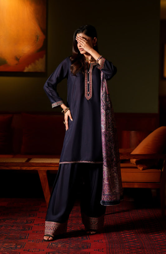 Elara by Casual Lite Embroidered Viscose Silk Stitched 3 Piece Suit - Aurelle - CL26EL - Blue - Festive Collection