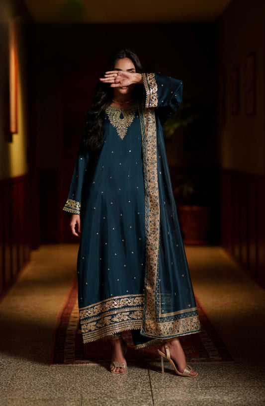 Elara by Casual Lite Embroidered Viscose Silk Stitched 3 Piece Suit - Opaline - CL26EL - Teal - Festive Collection