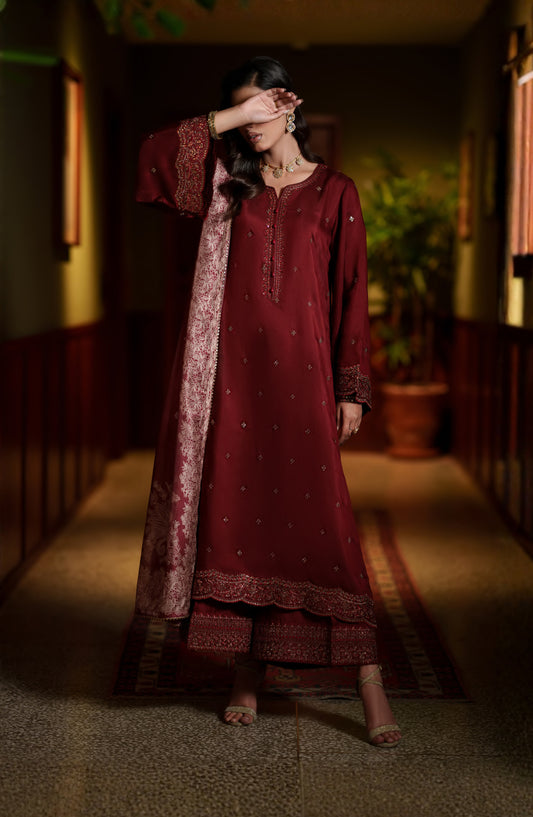 Elara by Casual Lite Embroidered Viscose Silk Stitched 3 Piece Suit - Aurelia Wine - CL26EL - Red - Festive Collection