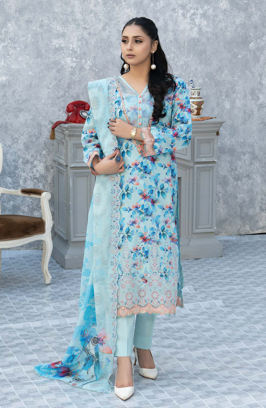 Elegant by Riaz Arts Embroidered Lawn Unstitched 3 Piece Suit - D-08 - RA26LG - Blue - Summer Collection