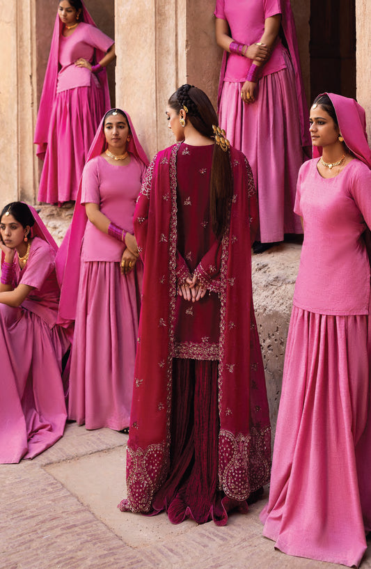 Emaan Adeel The Empress Wedding Formals Embroidered Chiffon Unstitched 3 Piece Suit - Kasyra - ED25TEW - Pink - Festive Collection