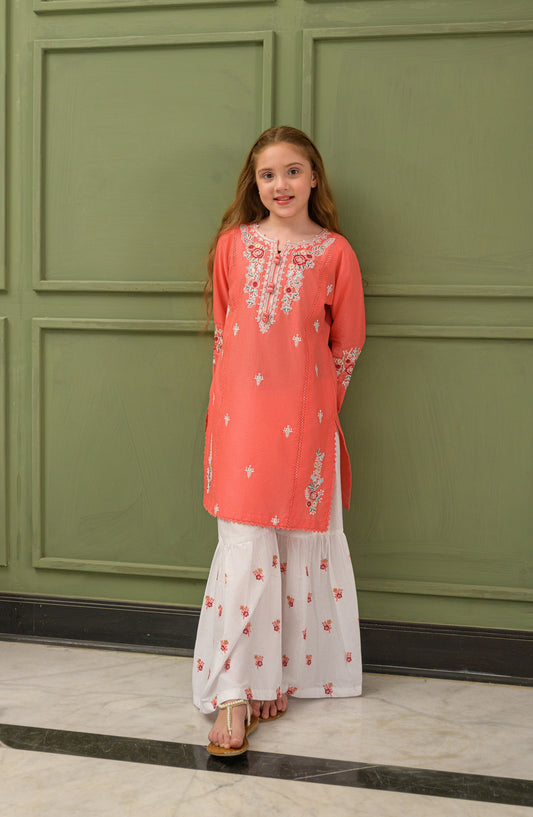 Fresh Birds Embroidered Cotton Lawn Stitched 2 Piece Suit - Eshal - FBR26TW - Peach - Festive Girls Collection