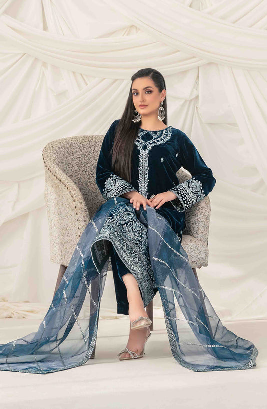 Eshqam by Tawakkal Fabrics Embroidered Velvet Unstitched 3 Piece Suit - D-5158 - TF25ESQ - Blue - Winter Collection