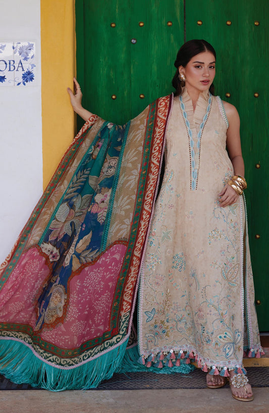 Farah Talib Aziz Luxury Embroidered Jacquard Unstitched 3 Piece Suit - FTA-12 Isabella Sand - FTA26LL - Peach - Summer Collection