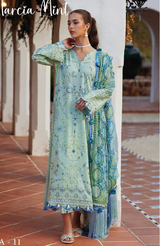 Farah Talib Aziz Luxury Embroidered Lawn Unstitched 3 Piece Suit - FTA-11 Marcia Mint - FTA26LL - Mint Green - Summer Collection