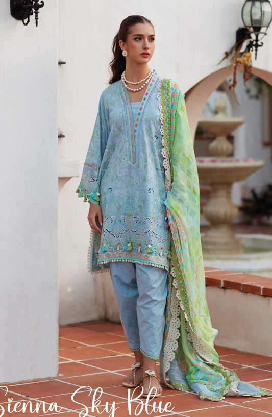 Farah Talib Aziz Luxury Embroidered Lawn Unstitched 3 Piece Suit - FTA-10 Sienna Sky Blue - FTA26LL - Sky Blue - Summer Collection