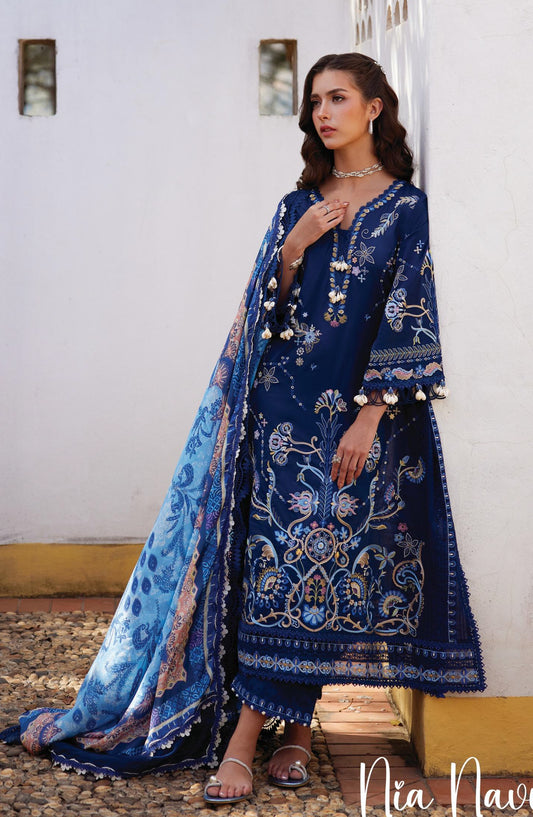 Farah Talib Aziz Luxury Embroidered Jacquard Unstitched 3 Piece Suit - FTA-08 Nia Navy - FTA26LL - Blue - Summer Collection