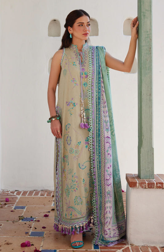 Farah Talib Aziz Luxury Embroidered Jacquard Unstitched 3 Piece Suit - FTA-07 Valeria Olive - FTA26LL - Beige - Summer Collection