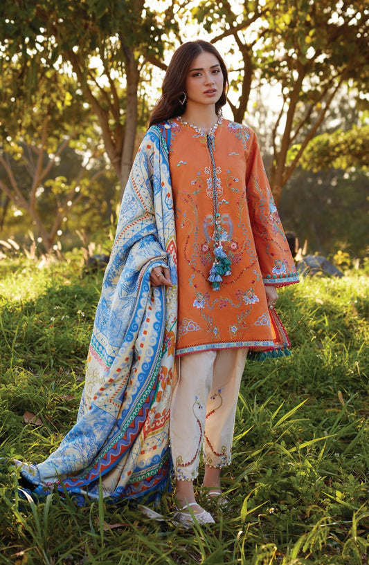 Farah Talib Aziz Luxury Embroidered Jacquard Unstitched 3 Piece Suit - FTA-04 Lucia Burnt Orange - FTA26LL - Orange - Summer Collection