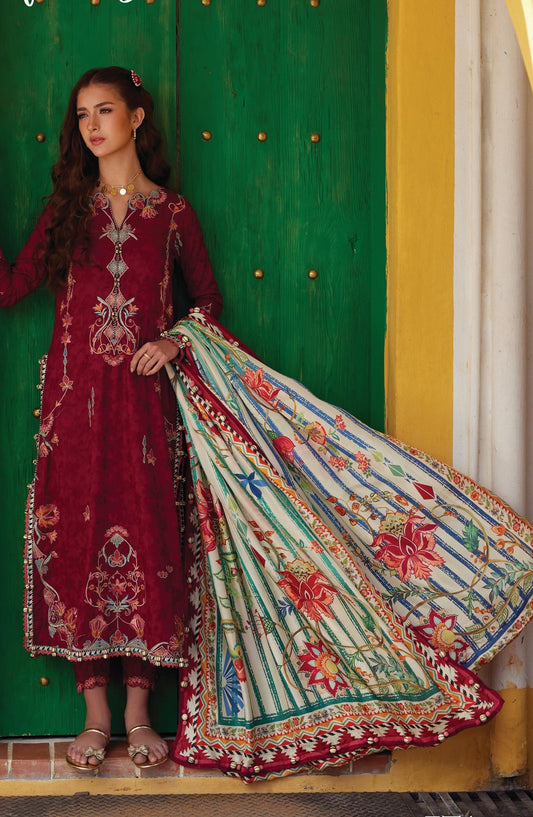 Farah Talib Aziz Luxury Embroidered Jacquard Unstitched 3 Piece Suit - FTA-02 Sofia Scarlet - FTA26LL - Maroon - Summer Collection