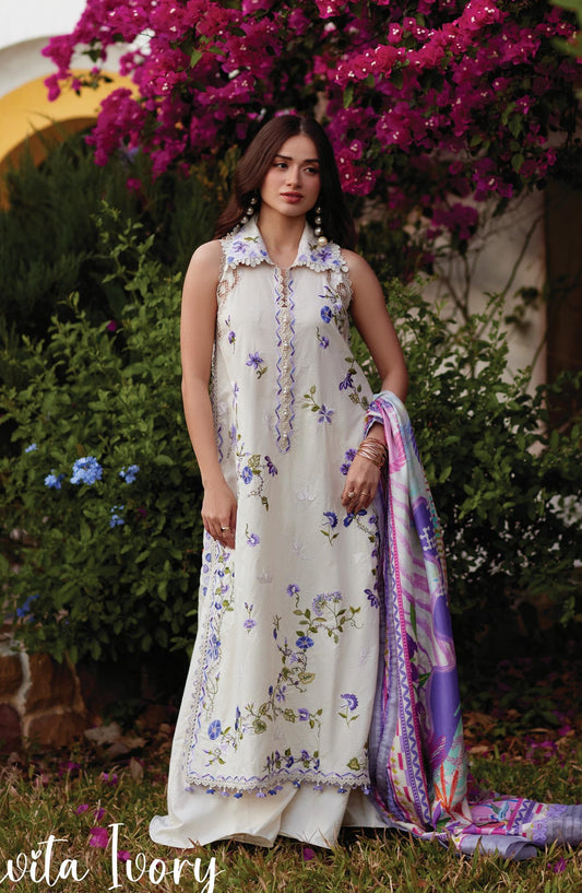 Farah Talib Aziz Luxury Embroidered Jacquard Unstitched 3 Piece Suit - FTA-01 Evita Ivory - FTA26LL - White - Summer Collection