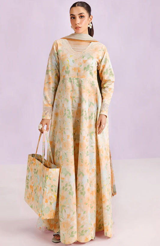 Farasha Embroidered Lawn Unstitched 3 Piece Suit - Cream Sparkle - FR26PE - Peach - Summer Collection