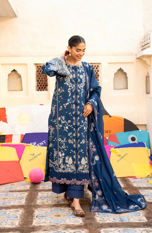 Florent Basant Embroidered Chikankari Unstitched 3 Piece Suit - FBC-8B - FL26BSN - Blue - Summer Collection