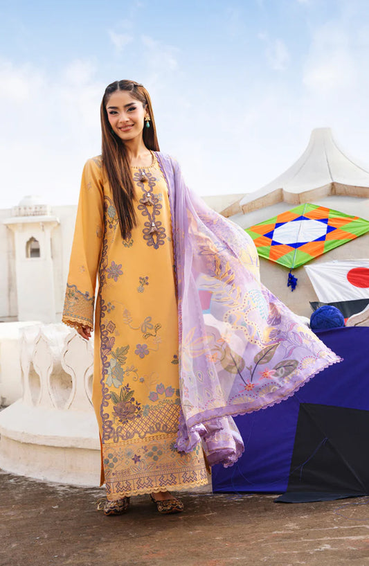 Florent Basant Embroidered Chikankari Unstitched 3 Piece Suit - FBC-1B - FL26BSN - Mustard - Summer Collection