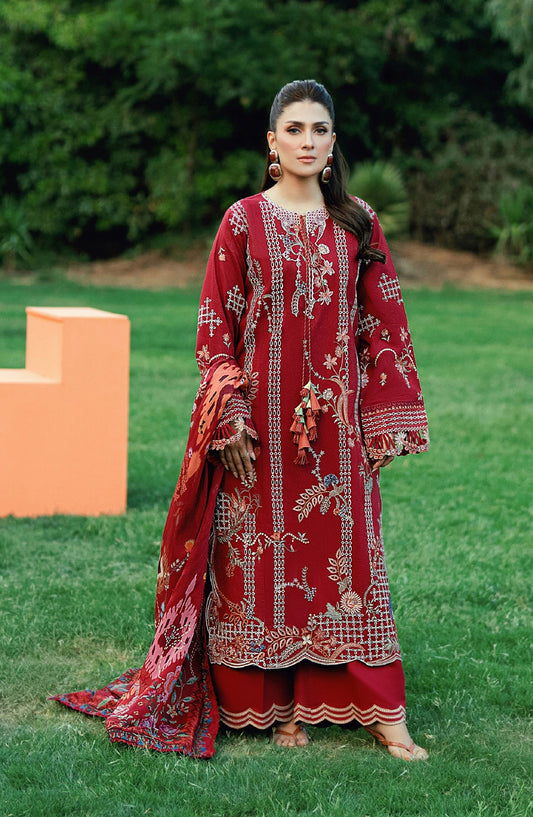Florent Embroidered Lawn Unstitched 3 Piece Suit - FEF-7A - FL26EDE - Red - Festive Collection