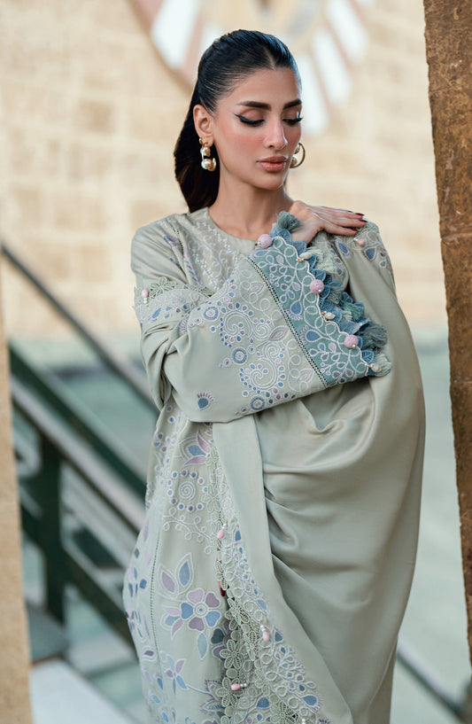 Florent Shades of Winter Embroidered Marina Twill Unstitched 3 Piece Suit - FL-8A - FL25SHW - Pista Green - Luxury Collection