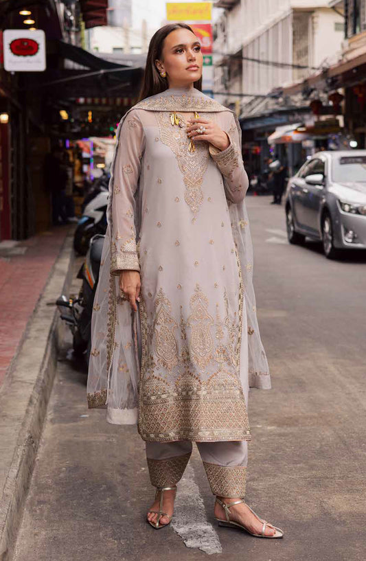 Freesia Talia Luxury Embroidered Chiffon Unstitched 3 Piece Suit - MNM25FRL - FW50069 - Grey - Festive Collection