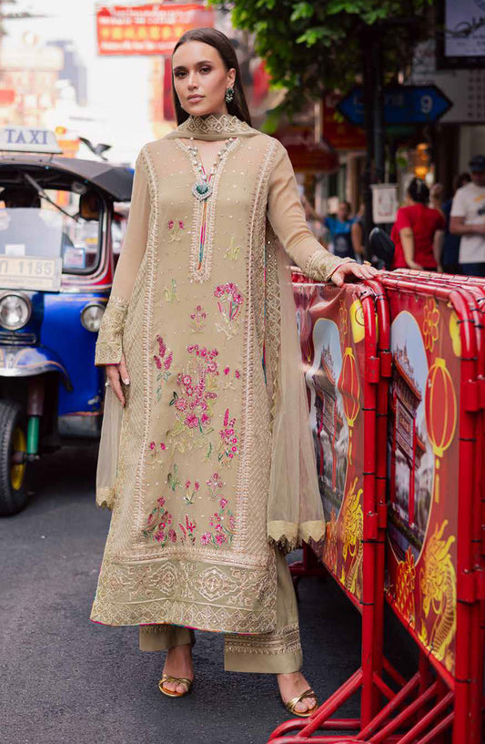 Freesia Talia Luxury Embroidered Chiffon Unstitched 3 Piece Suit - MNM25FRL - FW50068 - Beige - Festive Collection