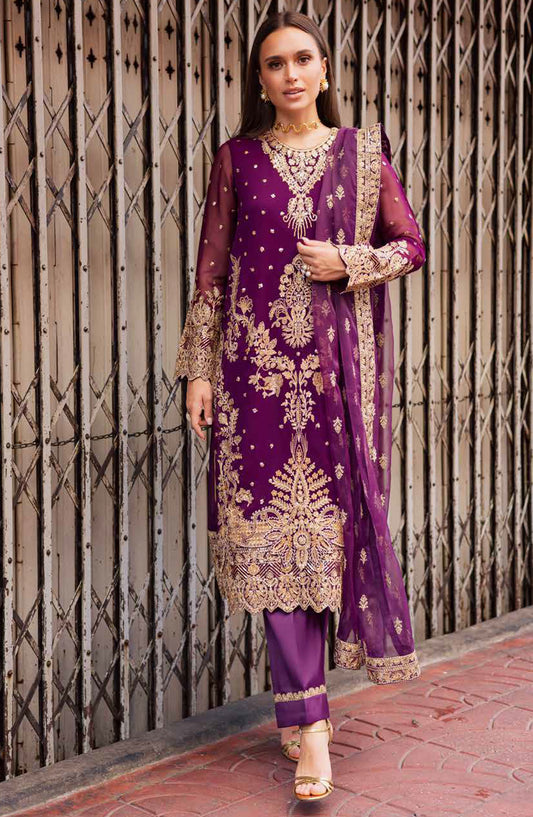 Freesia Talia Luxury Embroidered Chiffon Unstitched 3 Piece Suit - MNM25FRL - FW50066 - Purple - Festive Collection