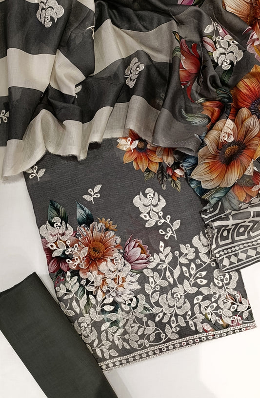 GLOW by Amna Khadija Printed & Embroidered Lawn Unstitched 3 Piece Suit - Design-07 - AM25GLOW - Grey - Luxury Collection