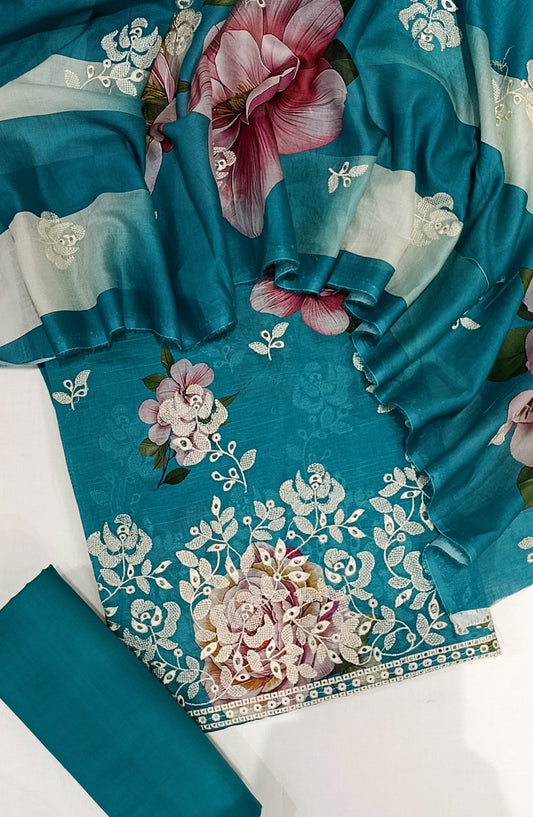 GLOW by Amna Khadija Printed & Embroidered Lawn Unstitched 3 Piece Suit - Design-03 - AM25GLOW - Blue - Luxury Collection