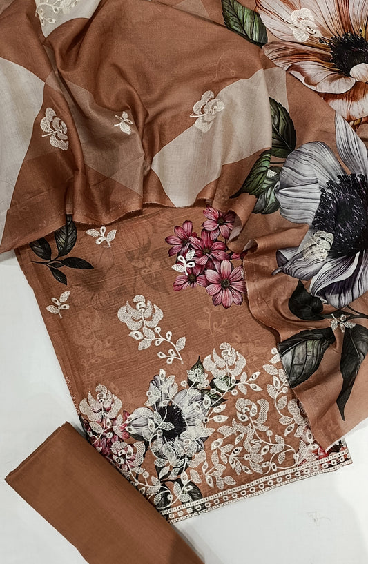 GLOW by Amna Khadija Printed & Embroidered Lawn Unstitched 3 Piece Suit - Design-01 - AM25GLOW - Brown - Luxury Collection