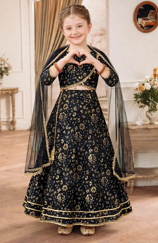 Girls 3 Piece Printed Black Rawsilk Lehenga A031-Blk - Rawsilk - MOD26TWF - Festive Collection