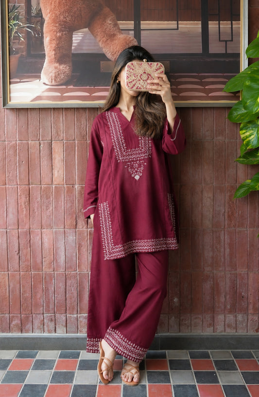Gul Tanka by Amna Khadija Embroidered Cotton Stitched 2 Piece Co-ord Set - AKPGT-01 - AM26GTNK - Maroon - Summer Collection