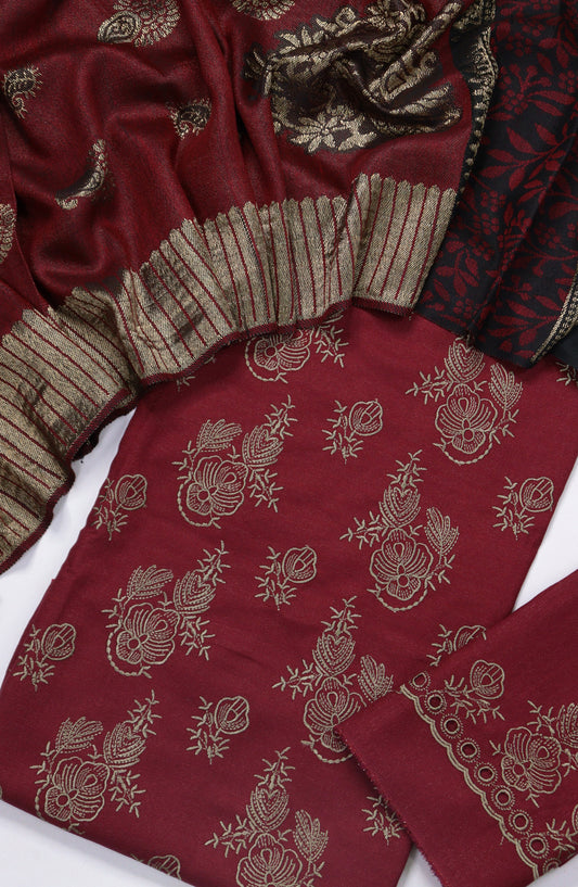 Chamki Embroidered Dhanak Unstitched 3 Piece Suit - Design-01 - GU25CHM - Red - Winter Collection