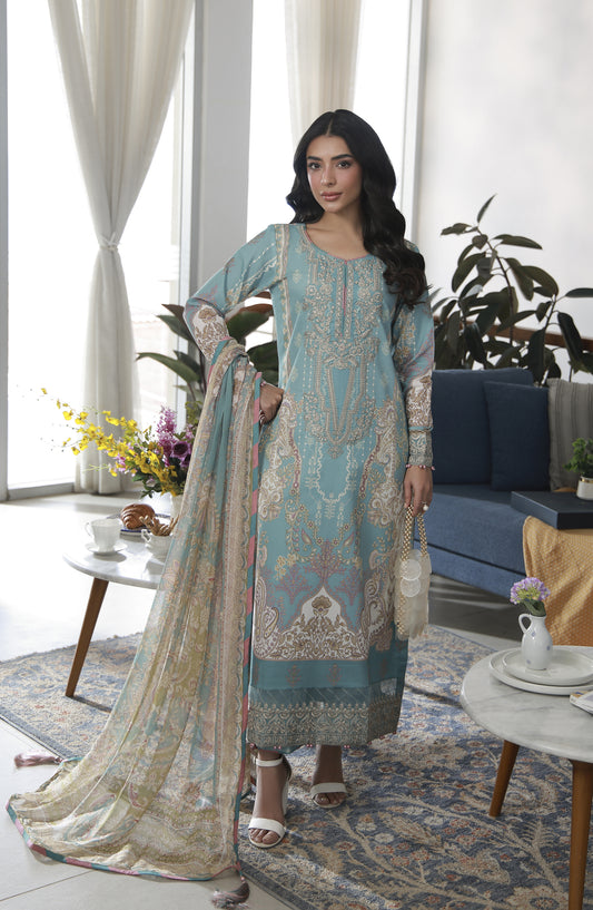 Gulaal Embroidered Lawn Unstitched 3 Piece Suit - D-01 Eidra - GUL26LN - Blue - Luxury Collection