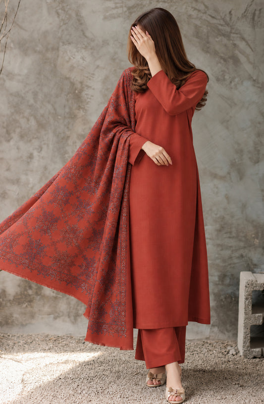 Gulposh by Amna Khadija Dyed Pashmina Unstitched 3 Piece Suit - AKG-03 - AM26GLP - Red - Winter Collection
