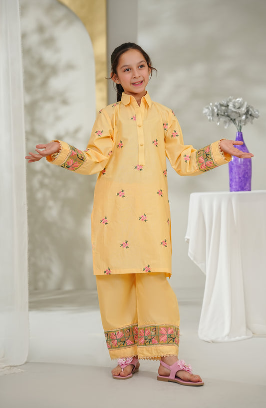 Guriya by Amna Khadija Embroidered Cotton Stitched 2 Piece Suit - GCE-04 - AM26GUR - Yellow - Girls Collection