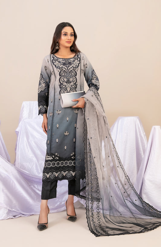 Guzarish by Tawakkal Fabrics Fancy Embroidered Organza Semi-Stitched 3 Piece Suit - D-4444 - TF25GZR - Grey - Festive Collection