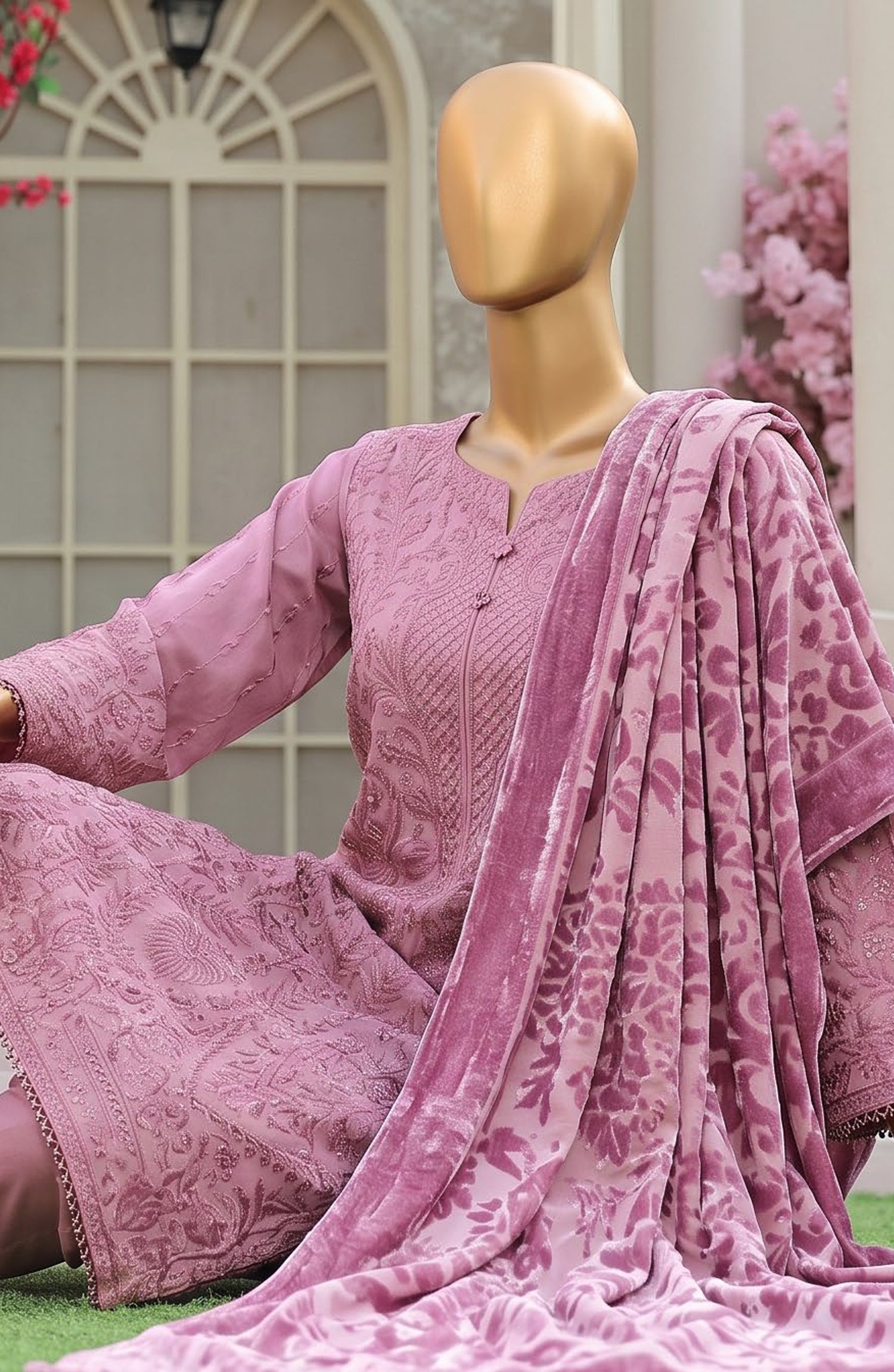 HZ Royal Embroidered Viscose Satin Unstitched 3 Piece Suit - D-01 - HZ26RL - Pink - Winter Collection