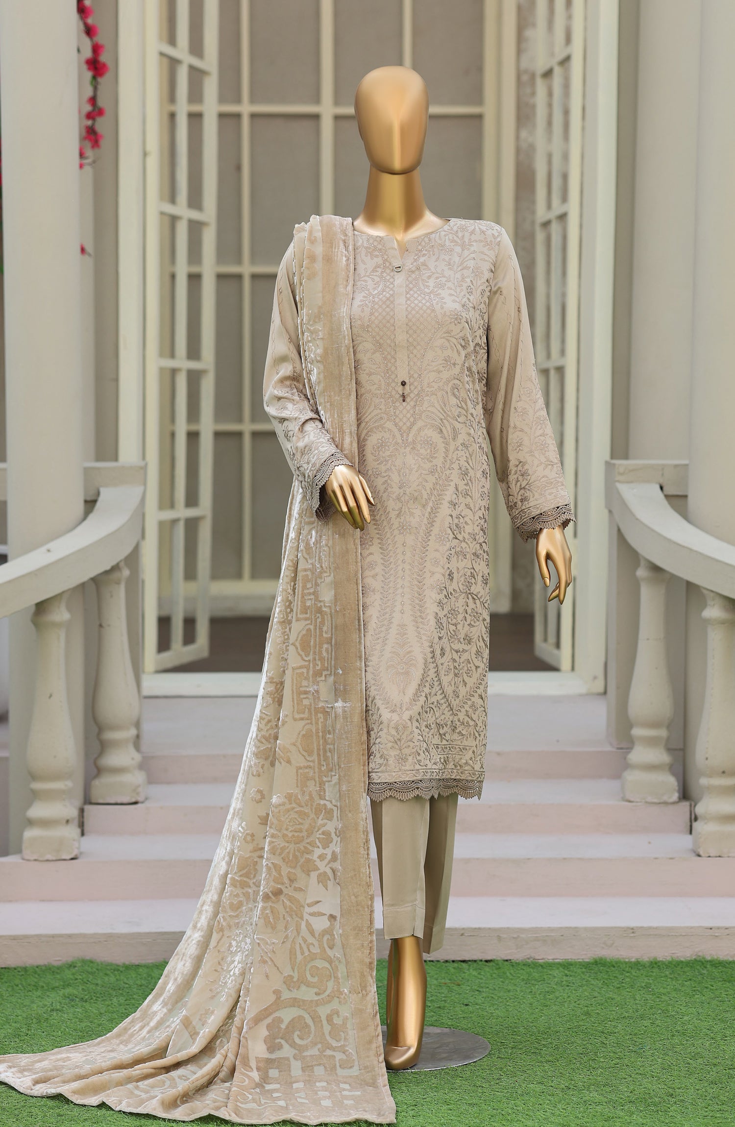 HZ Royal Embroidered Viscose Satin Unstitched 3 Piece Suit - D-02 - HZ26RL - Fawn - Winter Collection
