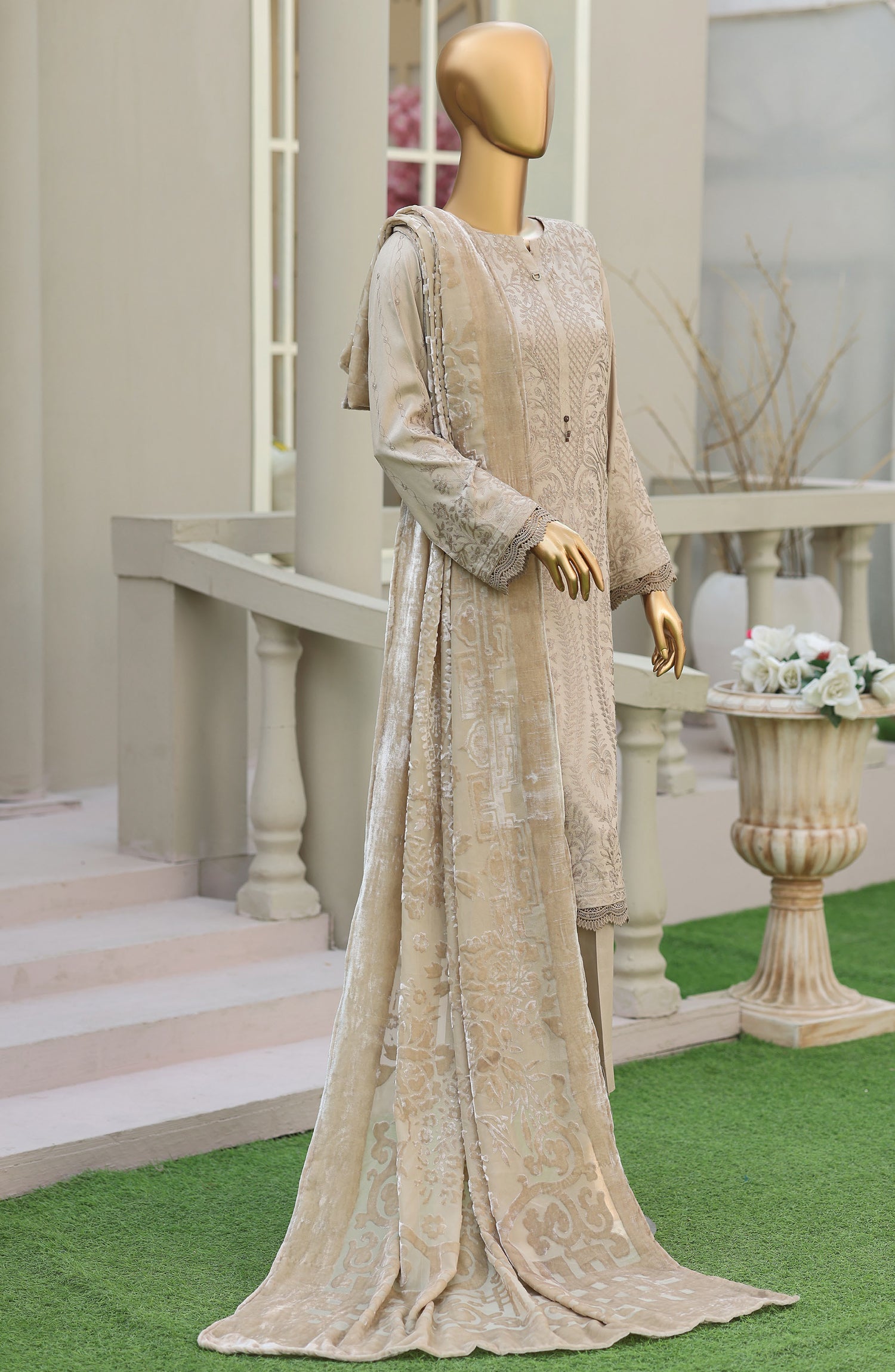 HZ Royal Embroidered Viscose Satin Unstitched 3 Piece Suit - D-02 - HZ26RL - Fawn - Winter Collection