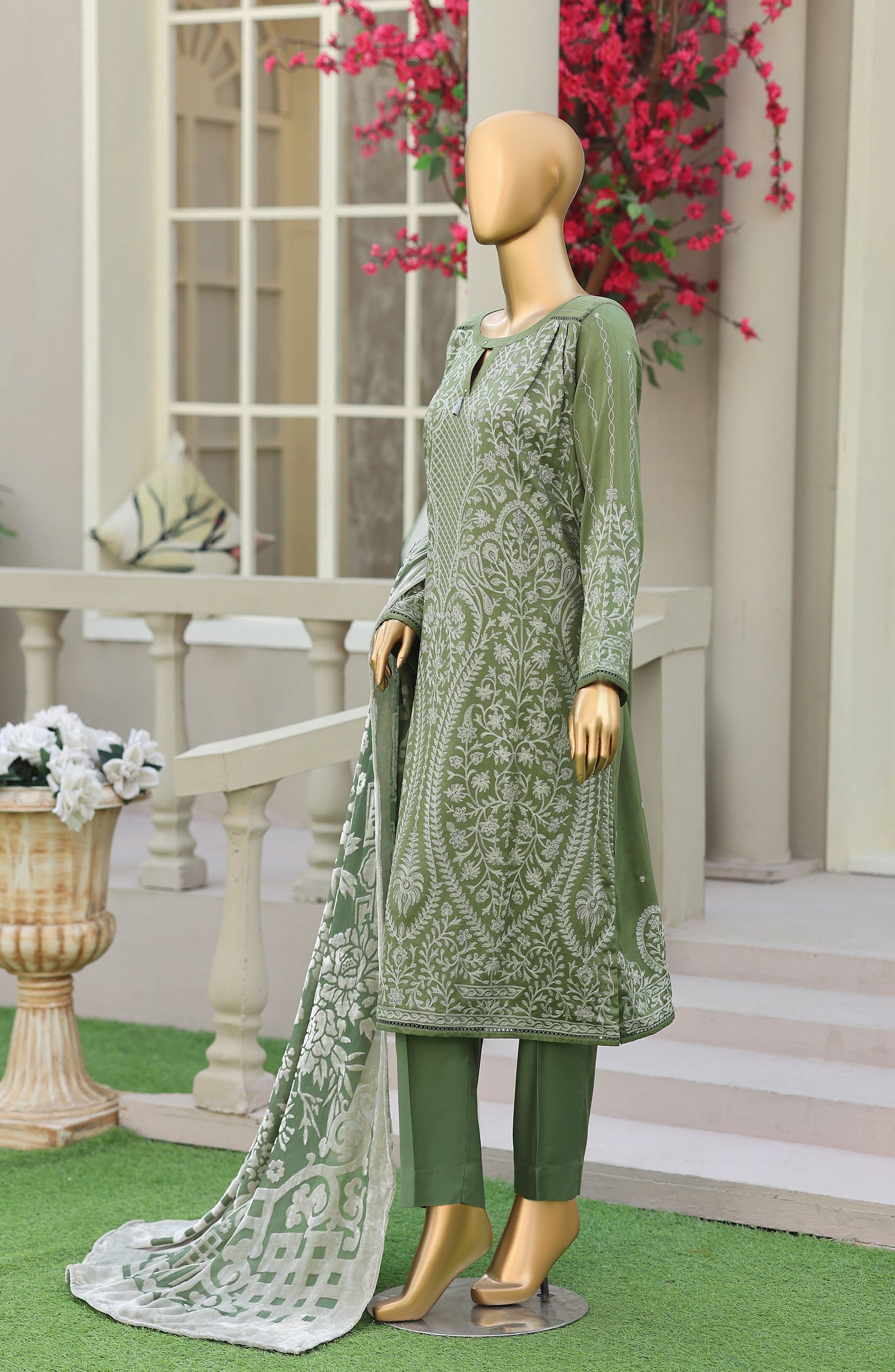 HZ Royal Embroidered Viscose Satin Unstitched 3 Piece Suit - D-03 - HZ26RL - Green - Winter Collection