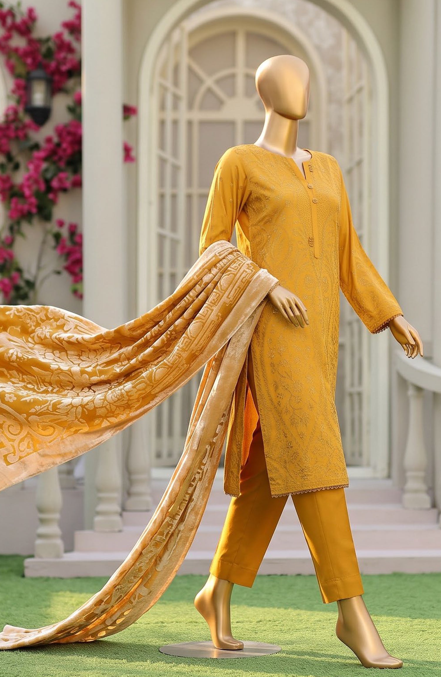 HZ Royal Embroidered Viscose Satin Unstitched 3 Piece Suit - D-04 - HZ26RL - Yellow - Winter Collection