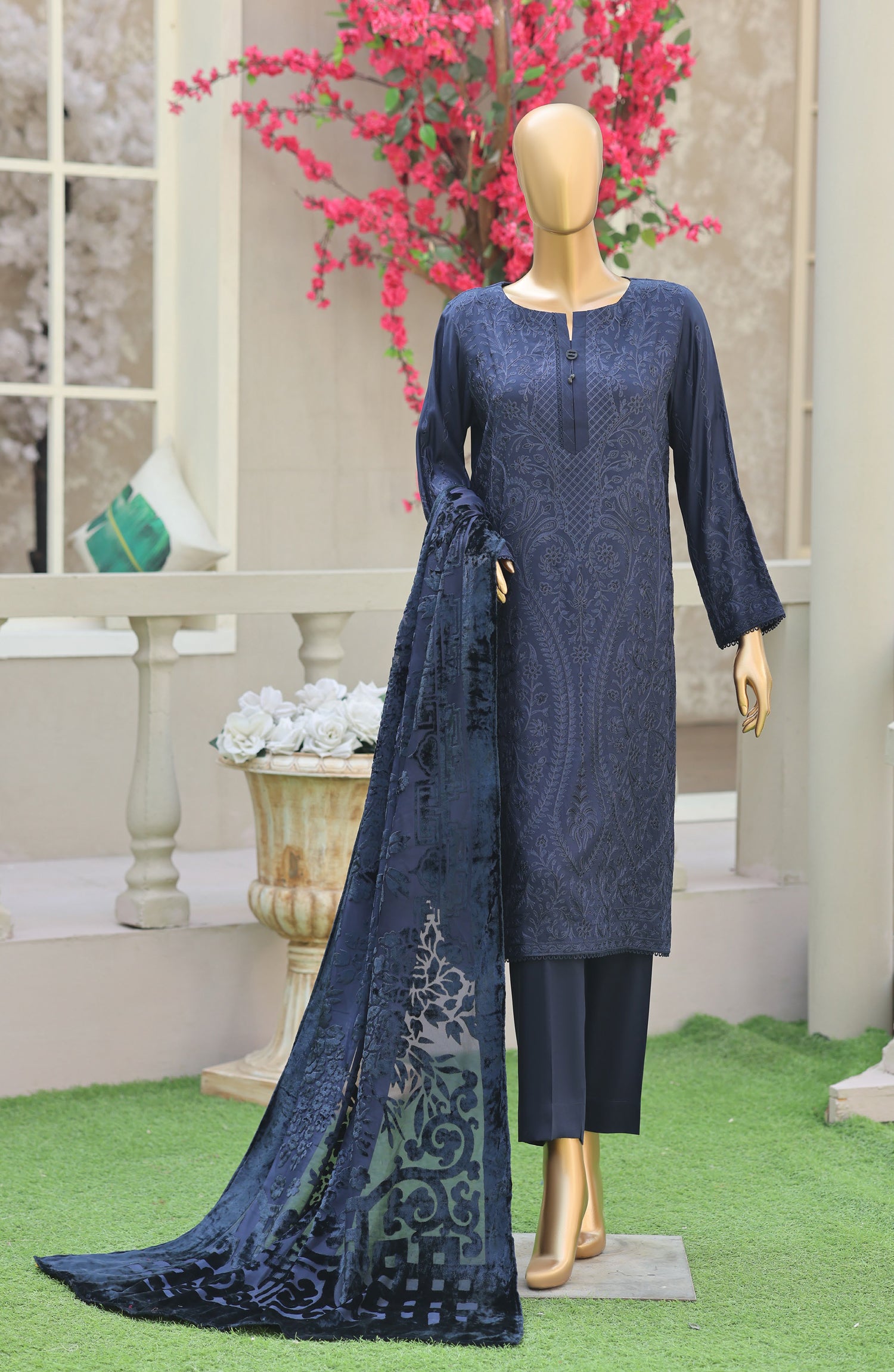 HZ Royal Embroidered Viscose Satin Unstitched 3 Piece Suit - D-05 - HZ26RL - Blue - Winter Collection