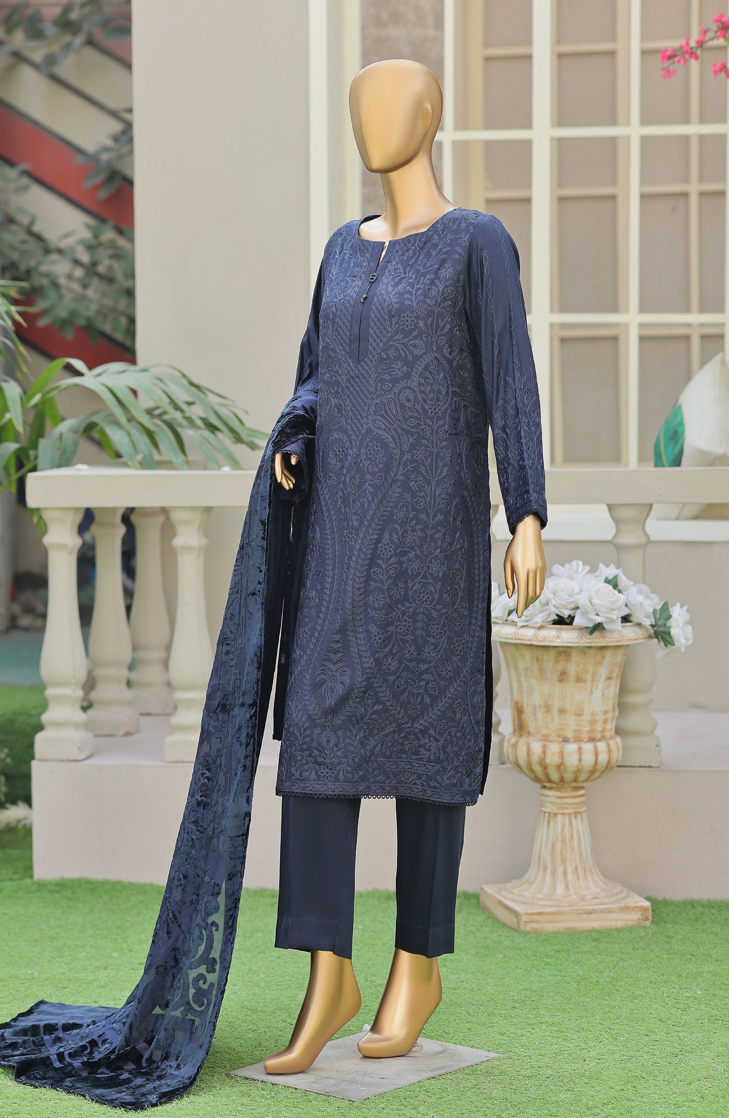 HZ Royal Embroidered Viscose Satin Unstitched 3 Piece Suit - D-05 - HZ26RL - Blue - Winter Collection