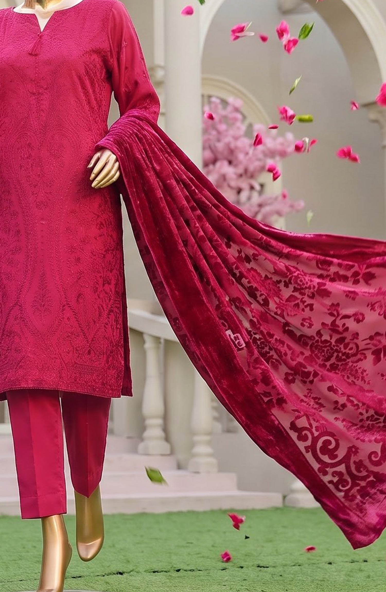 HZ Royal Embroidered Viscose Satin Unstitched 3 Piece Suit - D-06 - HZ26RL - Pink - Winter Collection