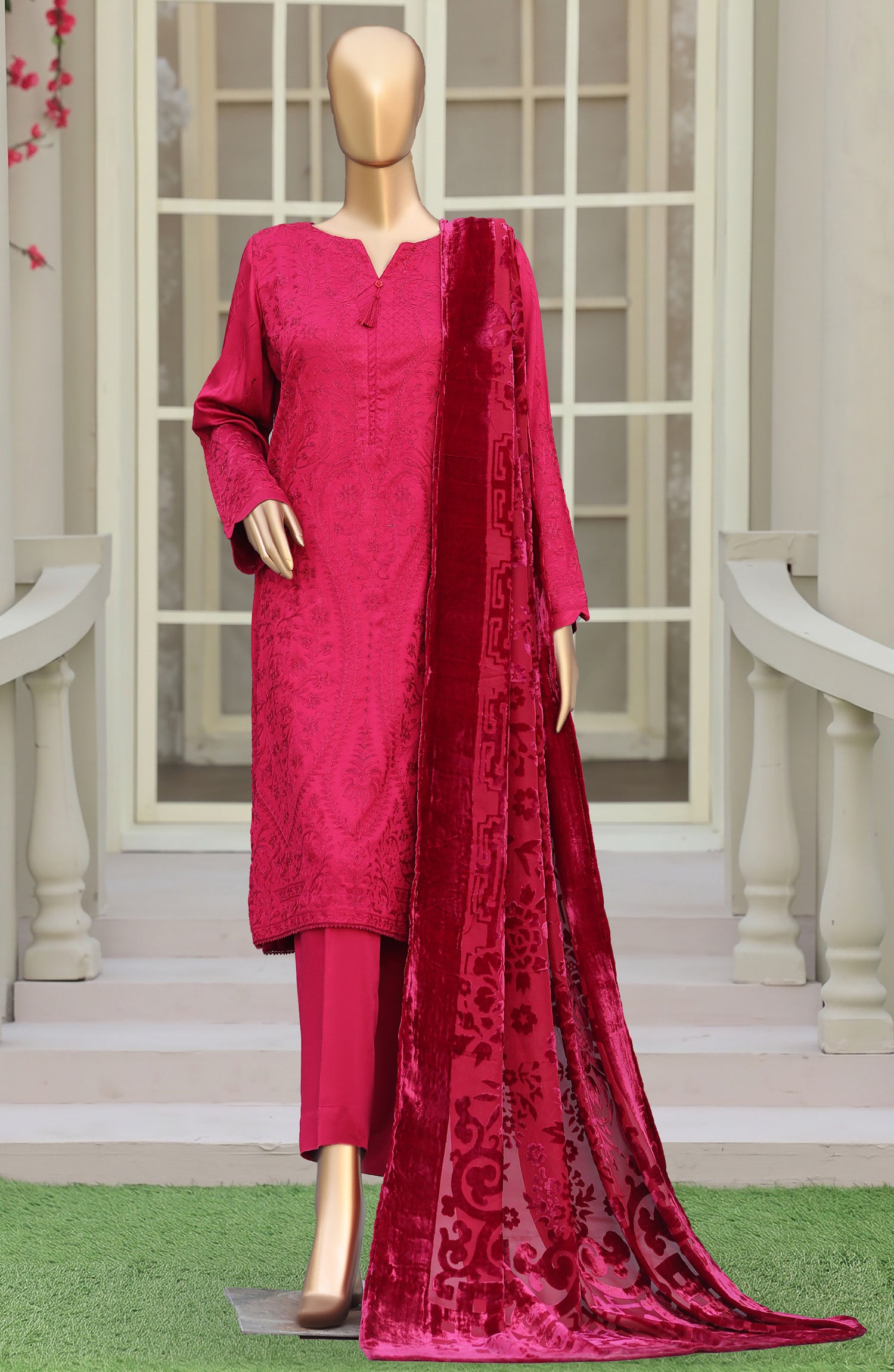 HZ Royal Embroidered Viscose Satin Unstitched 3 Piece Suit - D-06 - HZ26RL - Pink - Winter Collection