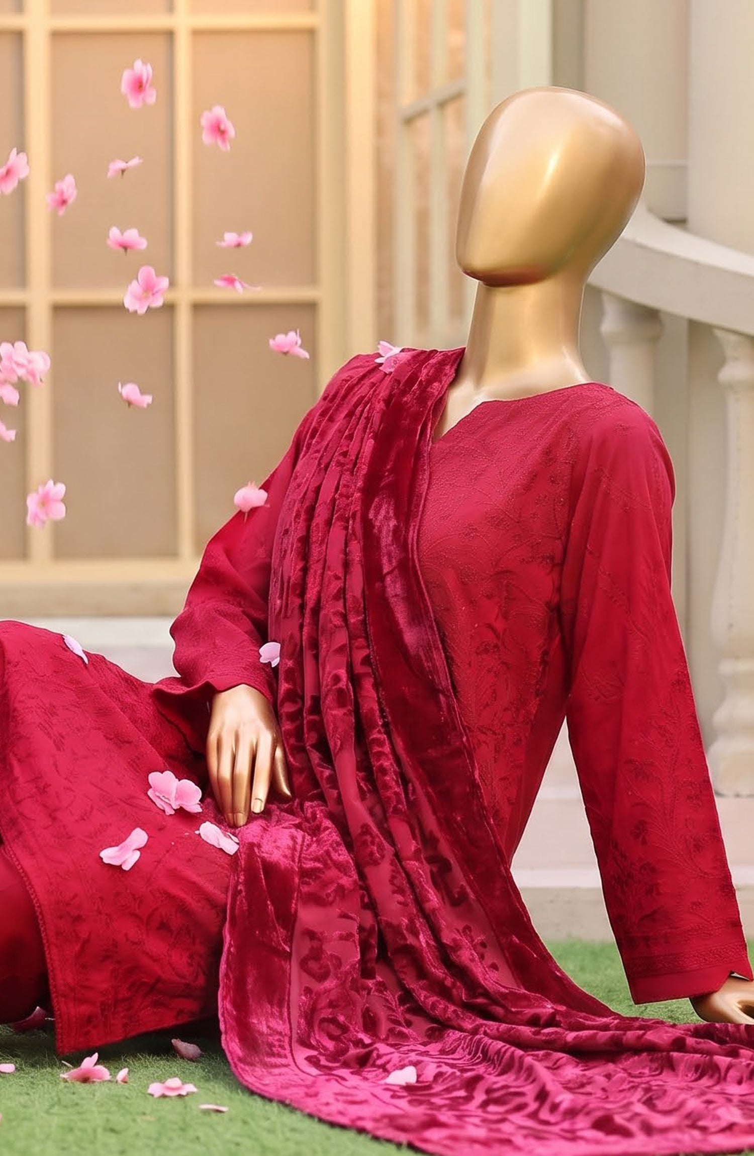 HZ Royal Embroidered Viscose Satin Unstitched 3 Piece Suit - D-06 - HZ26RL - Pink - Winter Collection