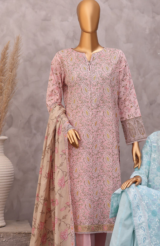 HZ Exclusive Printed Lawn Unstitched 3 Piece Suit - D-07 - HZ26PXL - Pink - Summer Collection