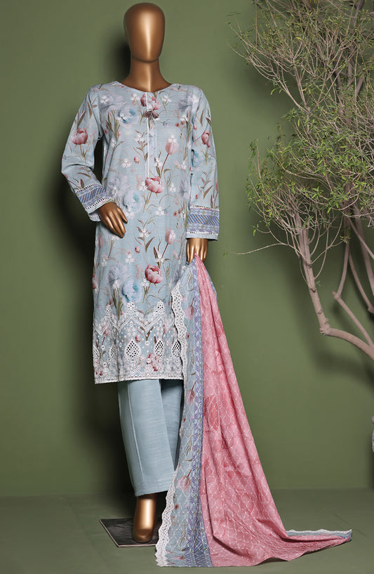 HZ Printkari Embroidered Khaddar Stitched 3 Piece Suit - KPS-3P-2542 Ocean Blue - HZ25KHP - Blue - Winter Collection